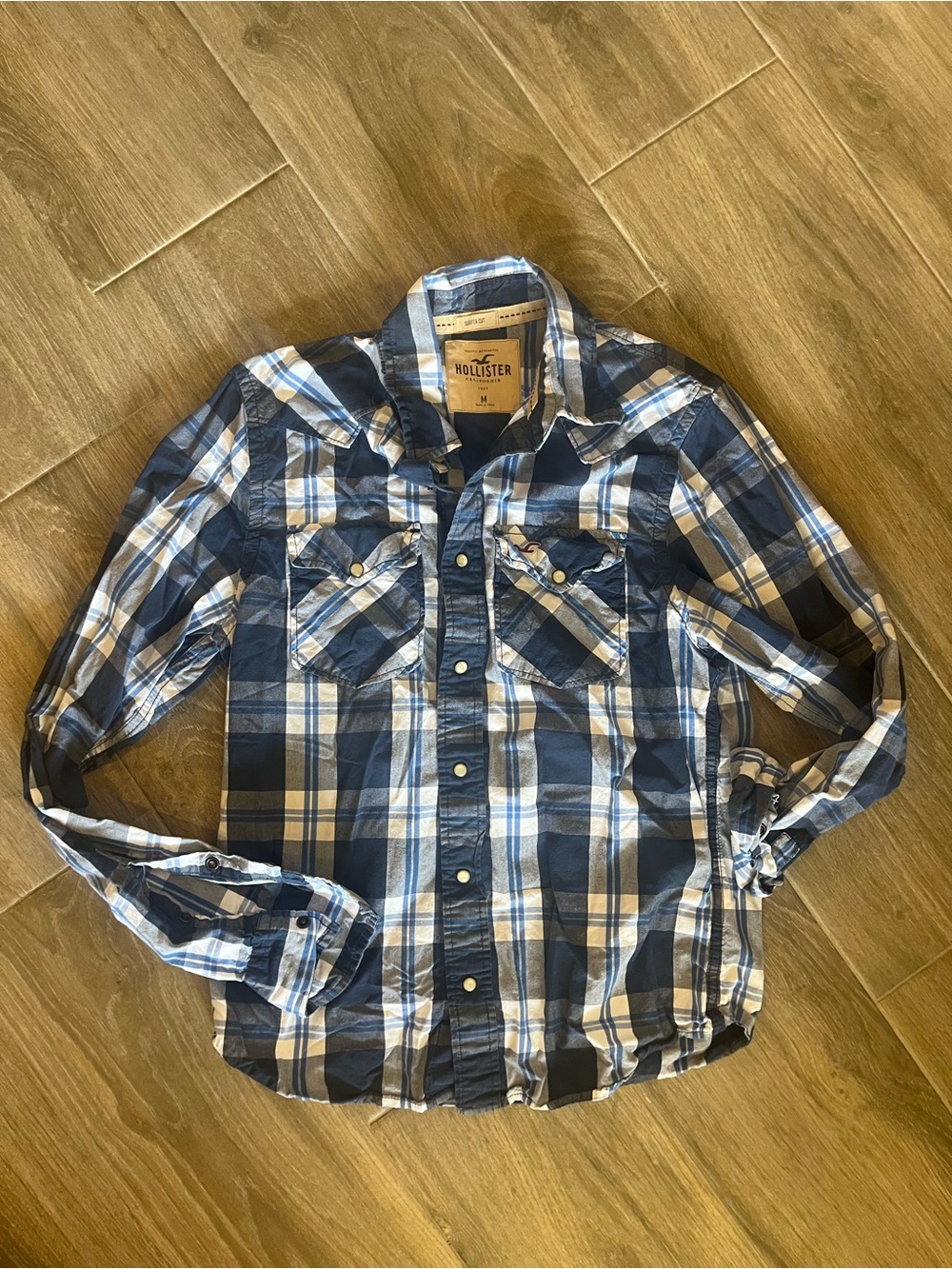 Hollister Men's Navy and White Plaid Button-Down Shirt